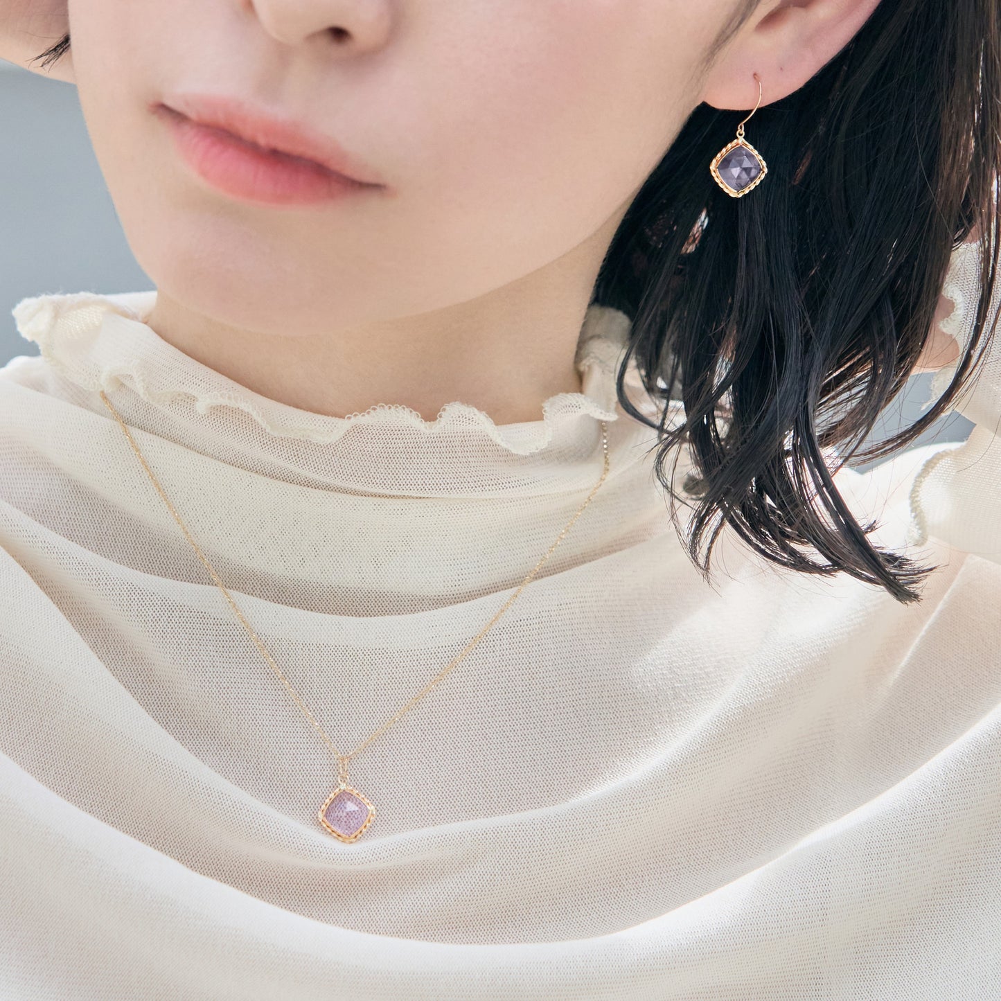 【受注生産】K10 ピンクアメジスト×クォーツ ピアス