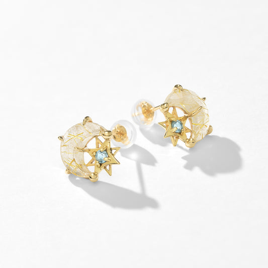 【受注生産】K10 ゴールデンルチルクォーツ ムーン ピアス(03)